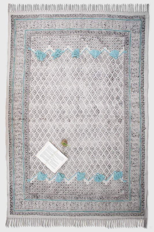 Block-Printed Cotton Dhurrie Rug in Black & Grey Traditional — Art Avenue