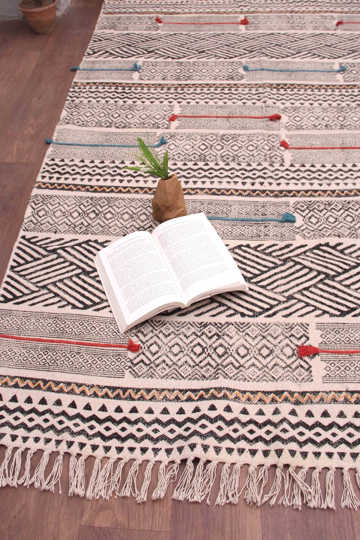 Saddler Block-Printed Cotton Dhurrie Rug in Black — Art Avenue