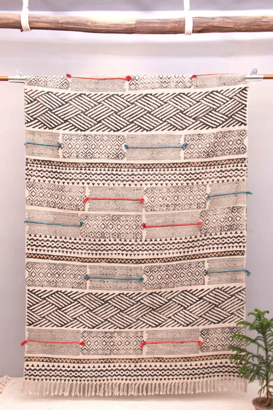 Block-Printed Cotton Dhurrie Rug in Black & White Modern — Art Avenue
