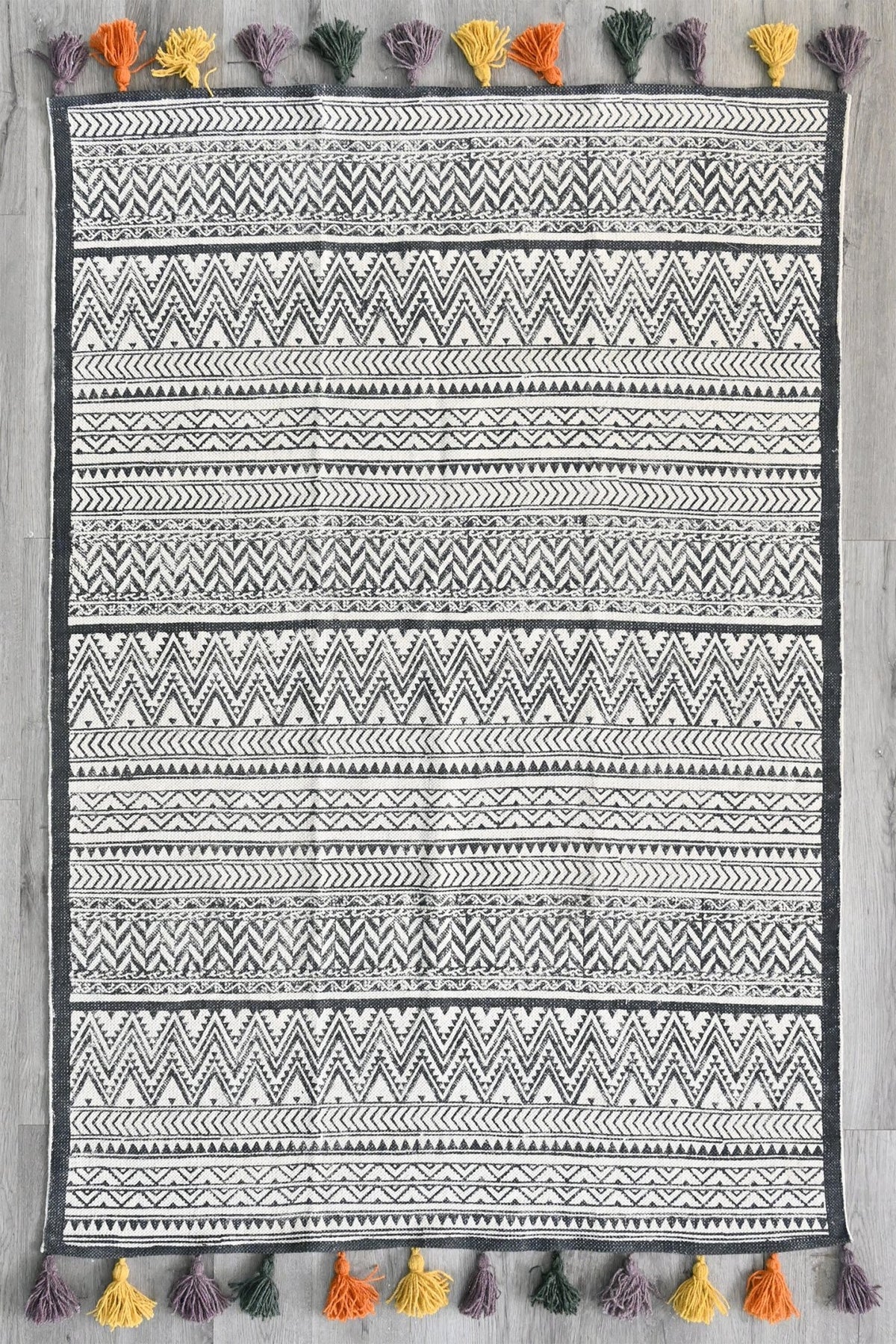 Block-Printed Cotton Dhurrie Rug in Black & White Modern — Art Avenue