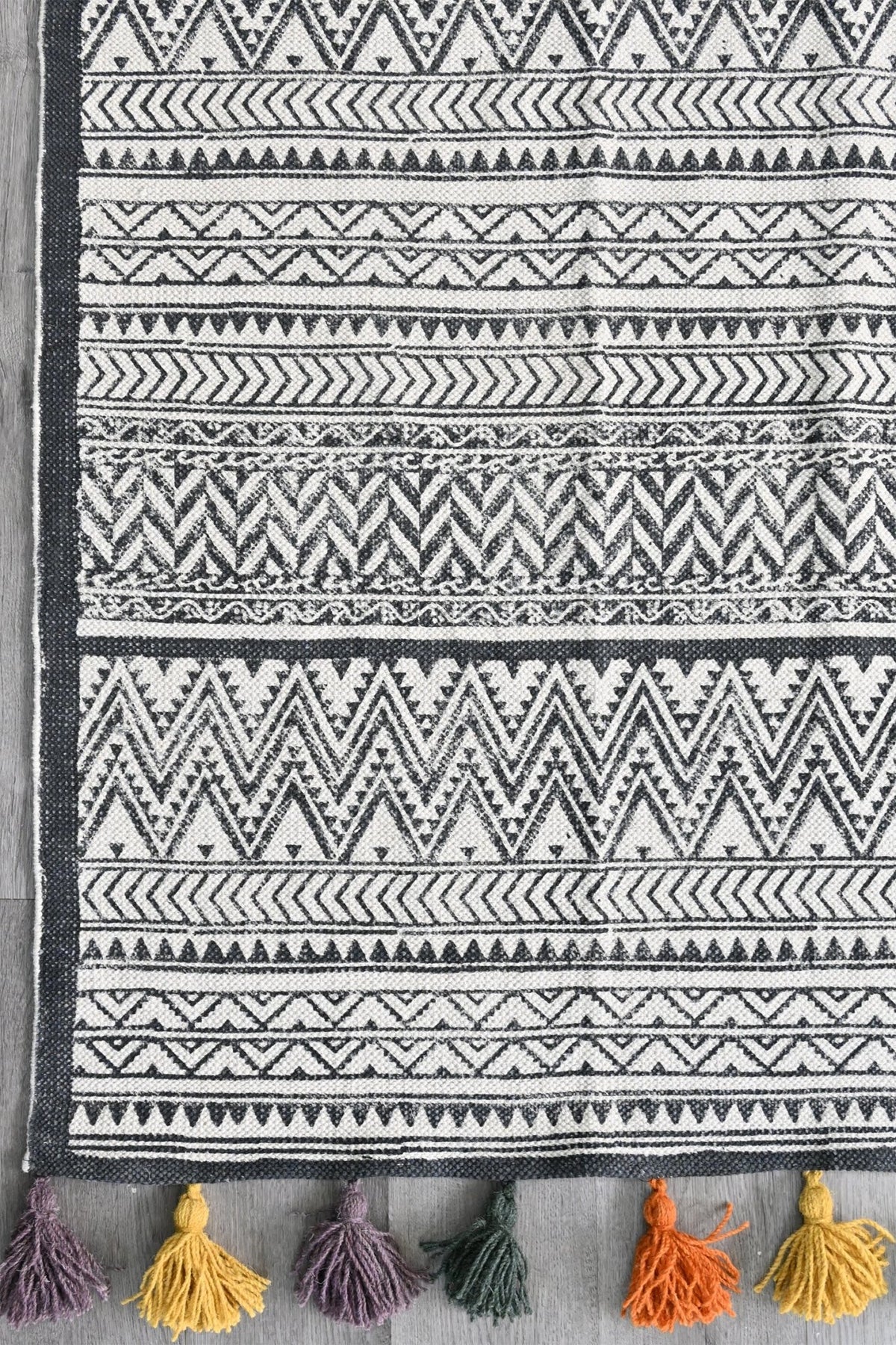 Block-printed cotton dhurrie rug in room setting — Art Avenue