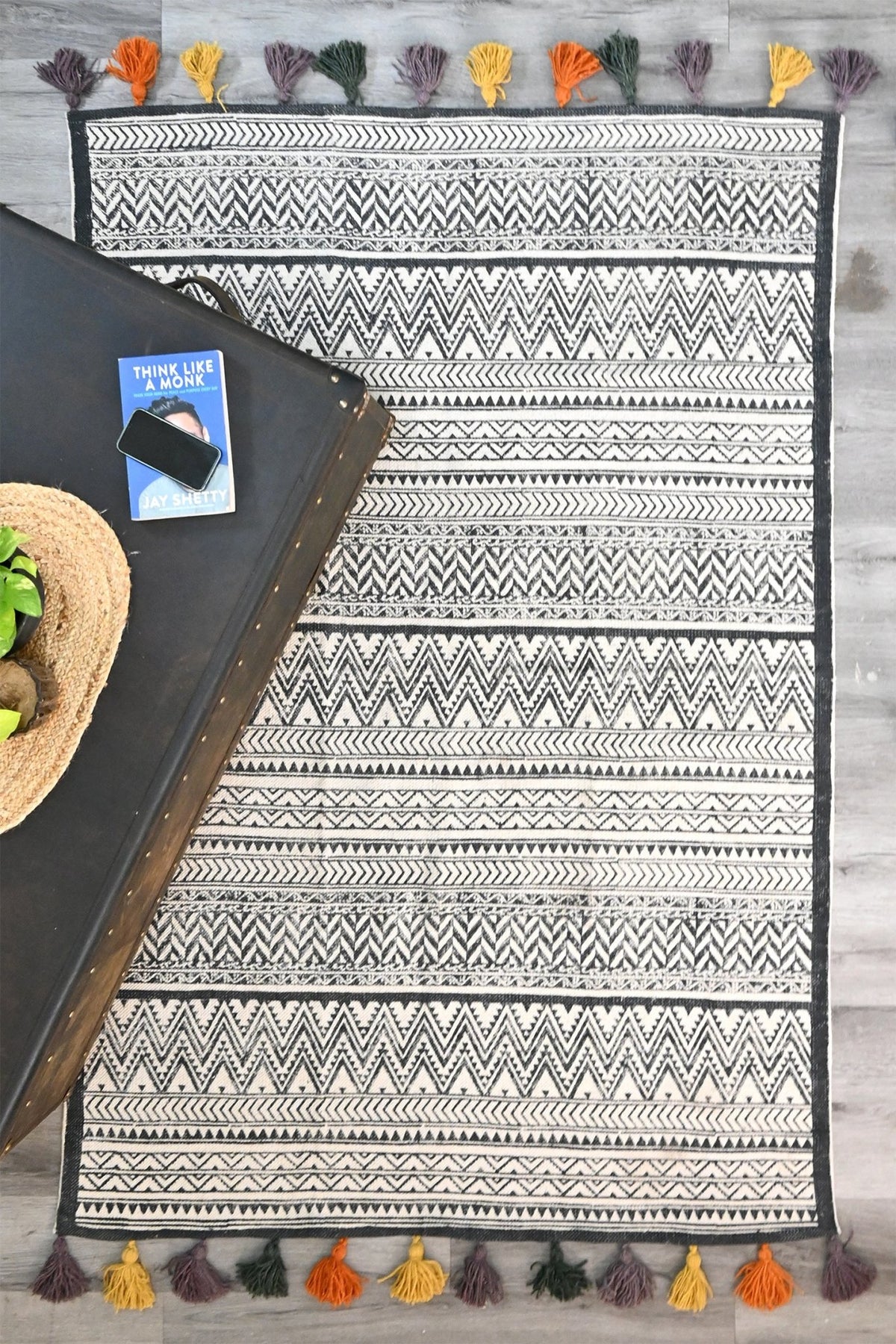 Detail of block-print on black dhurrie rug — Art Avenue
