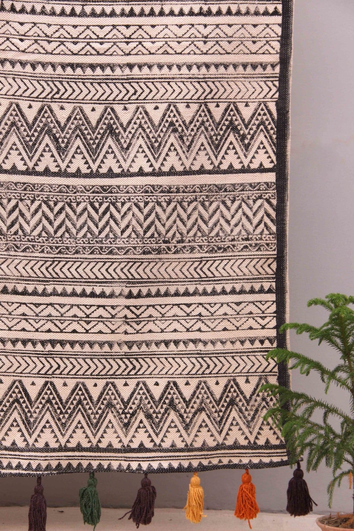 Sand Block-Printed Cotton Dhurrie Rug — overhead view — Art Avenue