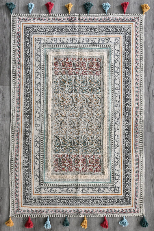Block-Printed Cotton Dhurrie Rug in Green with Tassels — Art Avenue