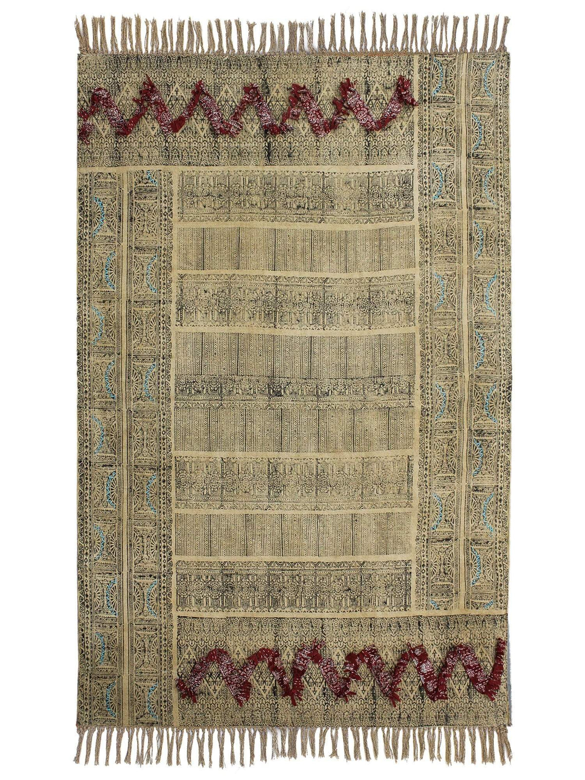 Detail of block-print on brown dhurrie rug — Art Avenue