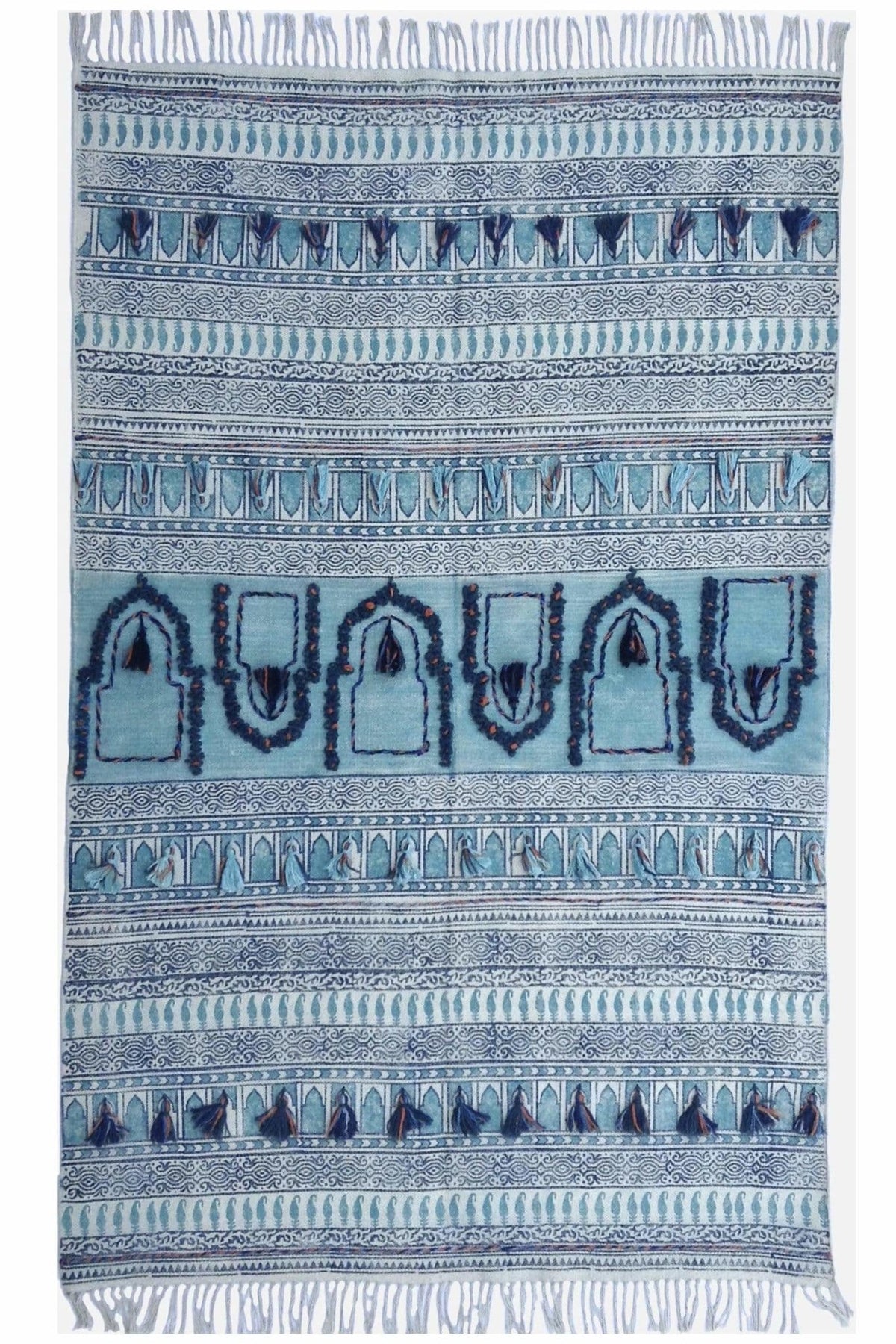 Block-Printed Cotton Dhurrie Rug in Turquoise Modern — Art Avenue