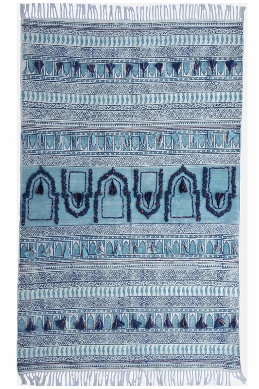 Block-Printed Cotton Dhurrie Rug in Turquoise Modern — Art Avenue