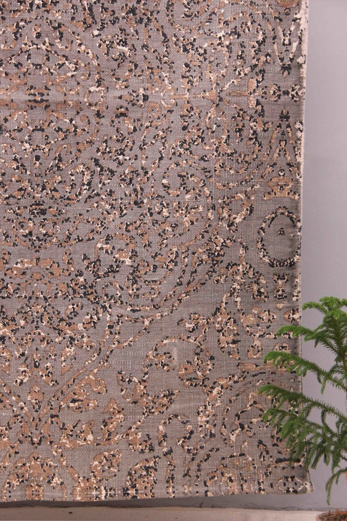 Scrappy block-printed rug room setting — Art Avenue India