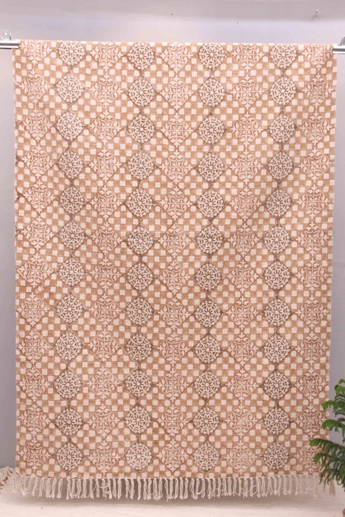 Block-Printed Cotton Dhurrie Rug in Beige Floral — Art Avenue