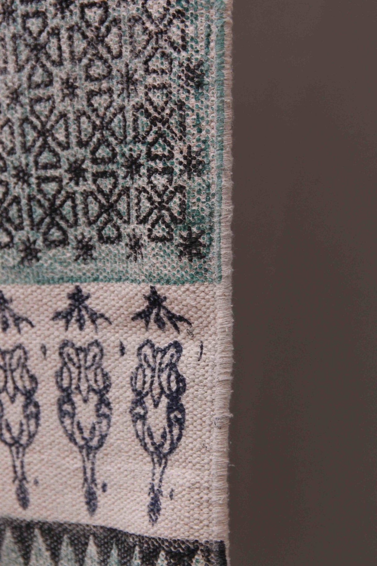 Section Block-Printed Cotton Dhurrie Rug in Green — Art Avenue