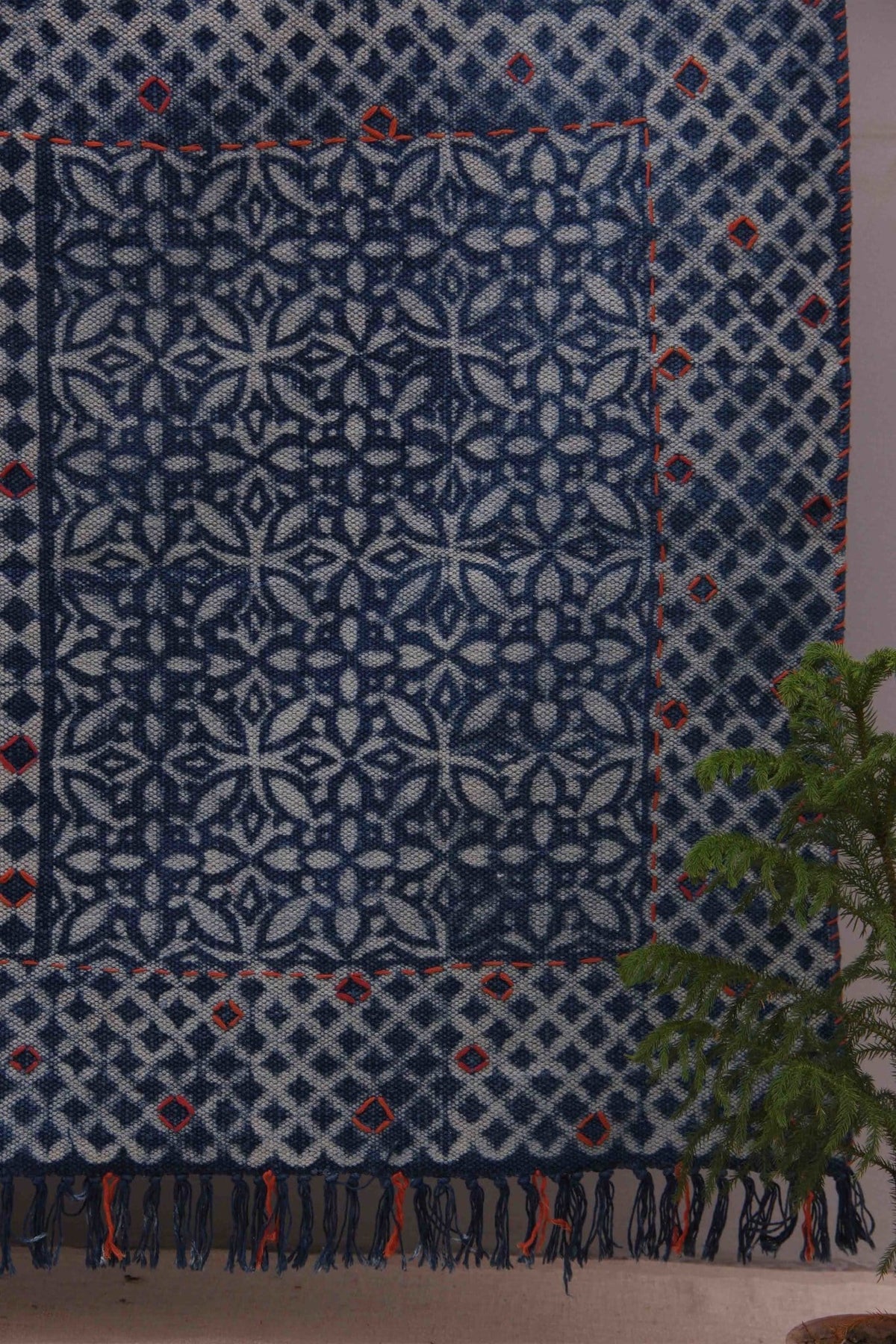 Block-printed cotton dhurrie rug in room setting — Art Avenue