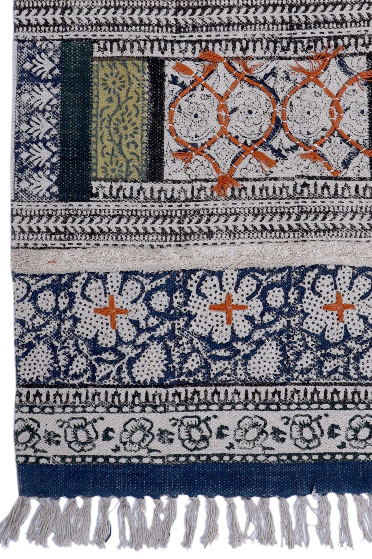 Block-printed cotton dhurrie rug in room setting — Art Avenue