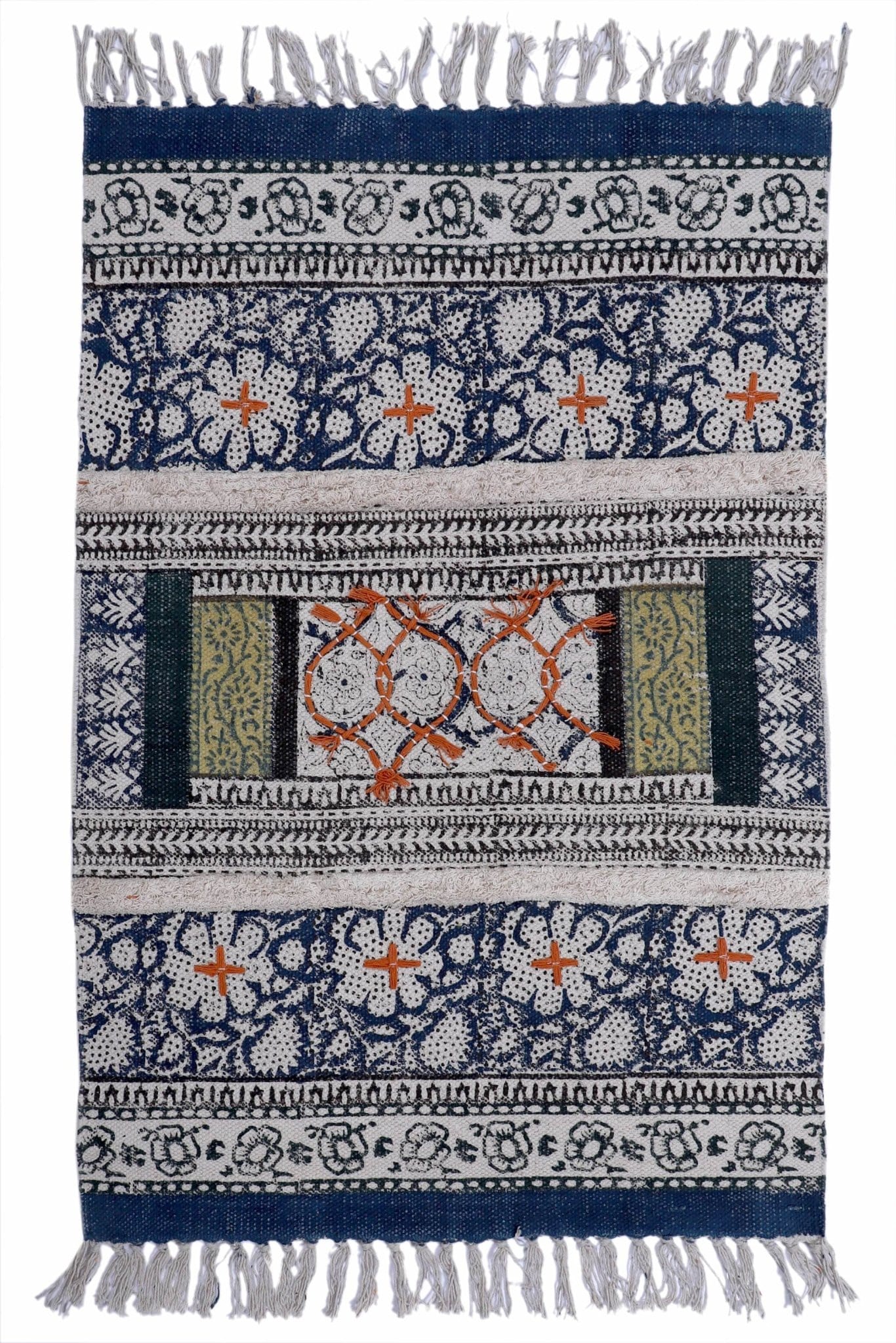Block-Printed Cotton Dhurrie Rug in Blue Floral — Art Avenue