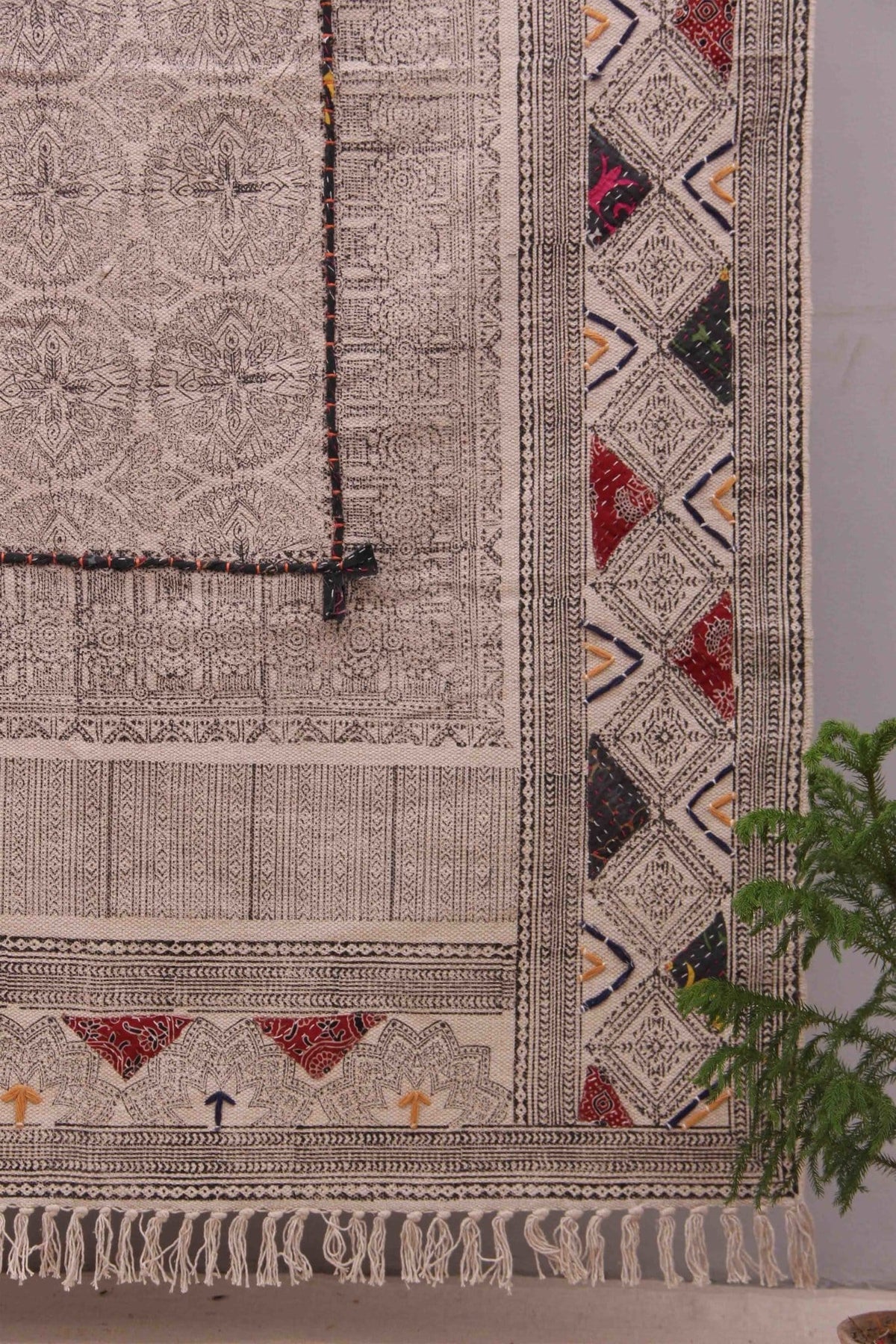 Block-printed cotton dhurrie rug in room setting — Art Avenue