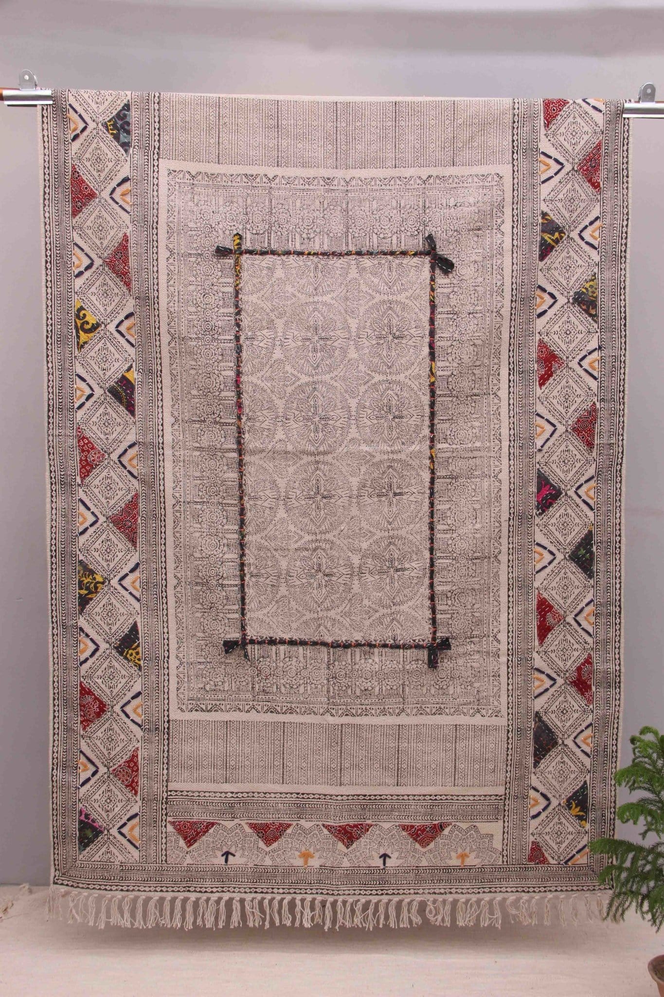Block-Printed Cotton Dhurrie Rug in Black Modern — Art Avenue