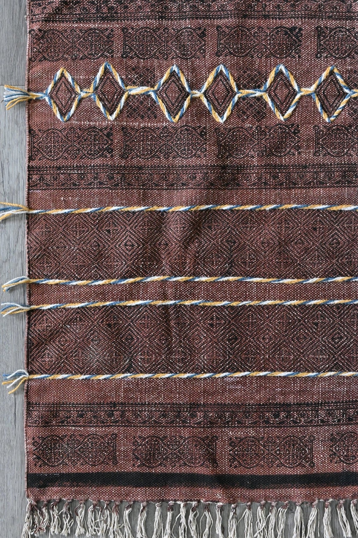 Selective Block-Printed Cotton Dhurrie Rug — overhead view — Art Avenue