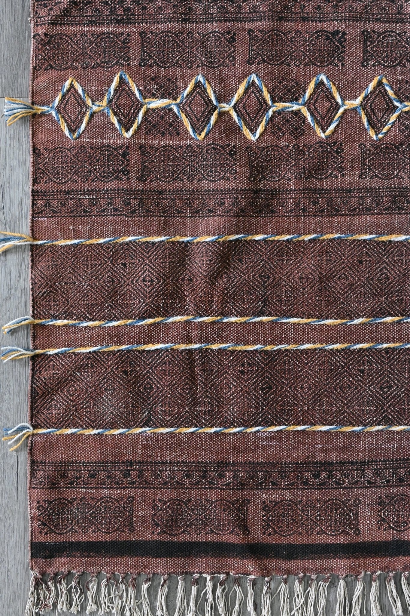 Selective Block-Printed Cotton Dhurrie Rug — overhead view — Art Avenue
