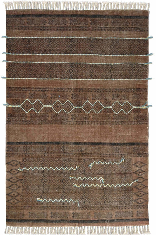 Block-Printed Cotton Dhurrie Rug in Brown Modern — Art Avenue
