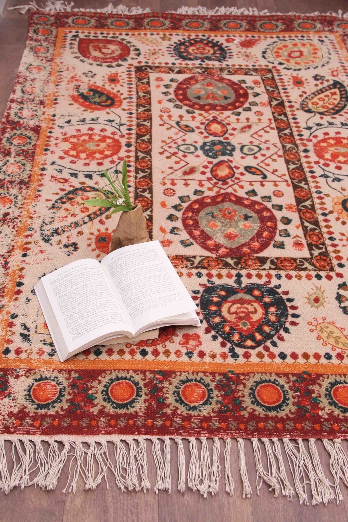 Selfless block-printed rug room setting — Art Avenue India