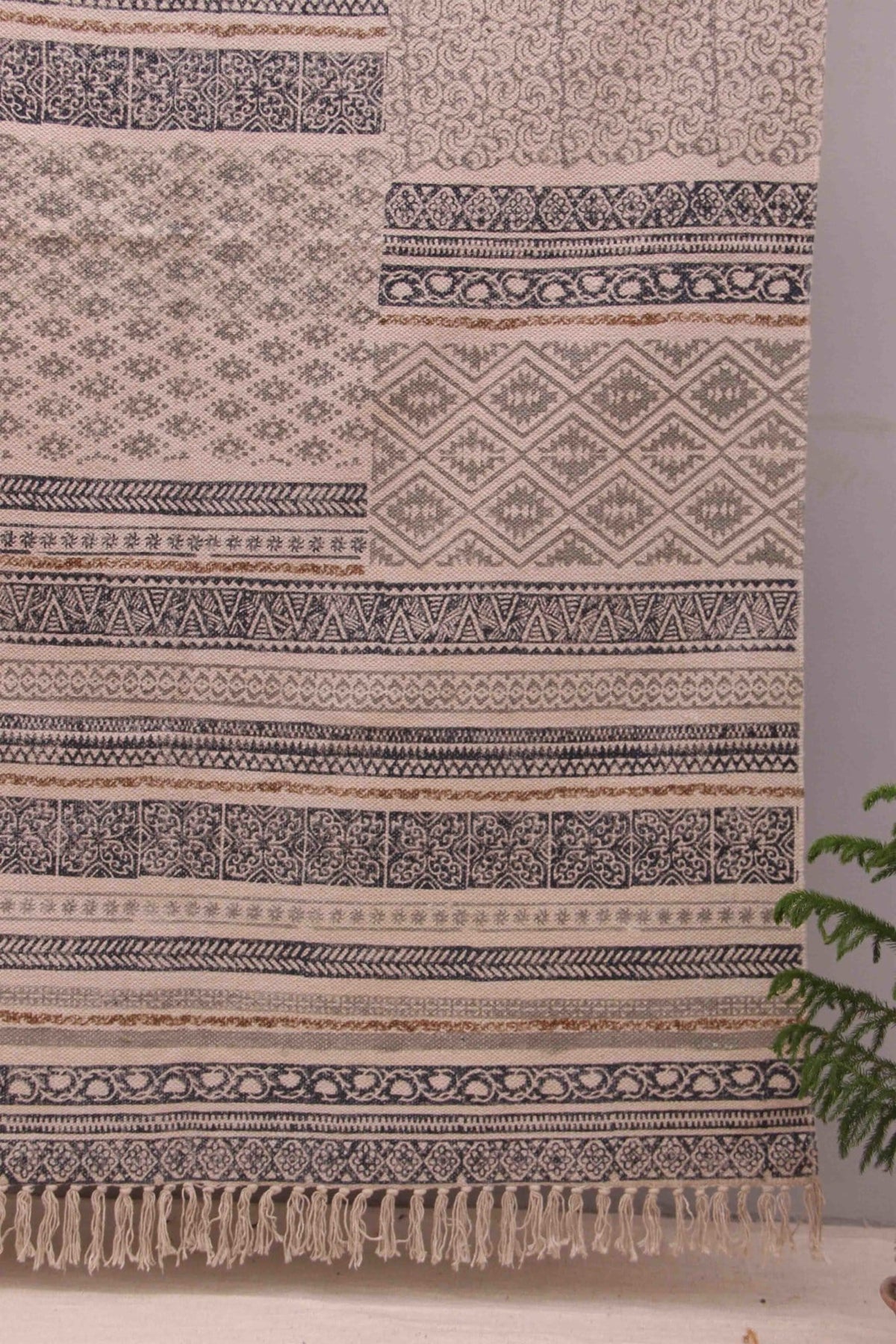 Detail of block-print on grey dhurrie rug — Art Avenue