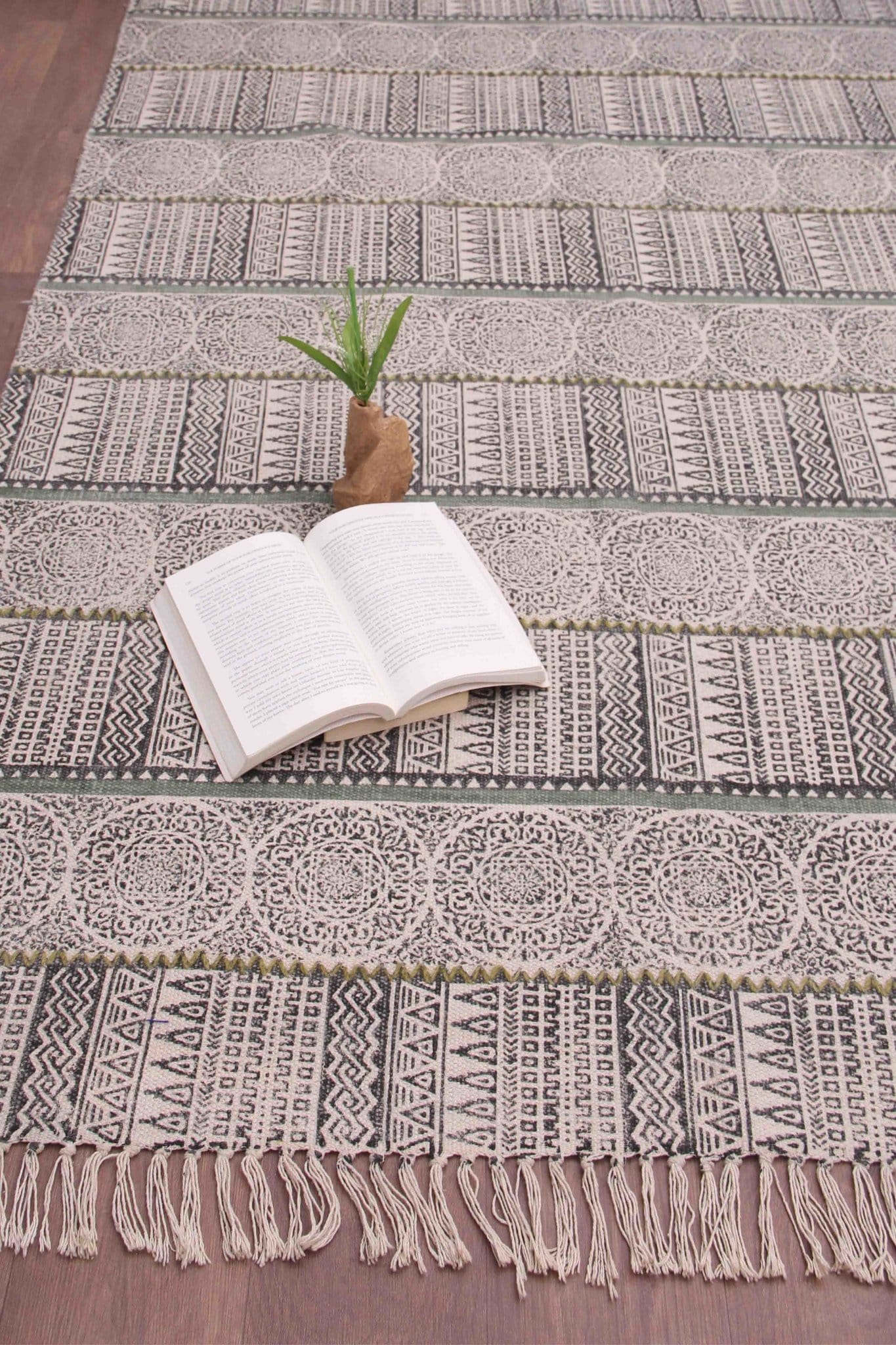 Block-printed cotton dhurrie rug in room setting — Art Avenue
