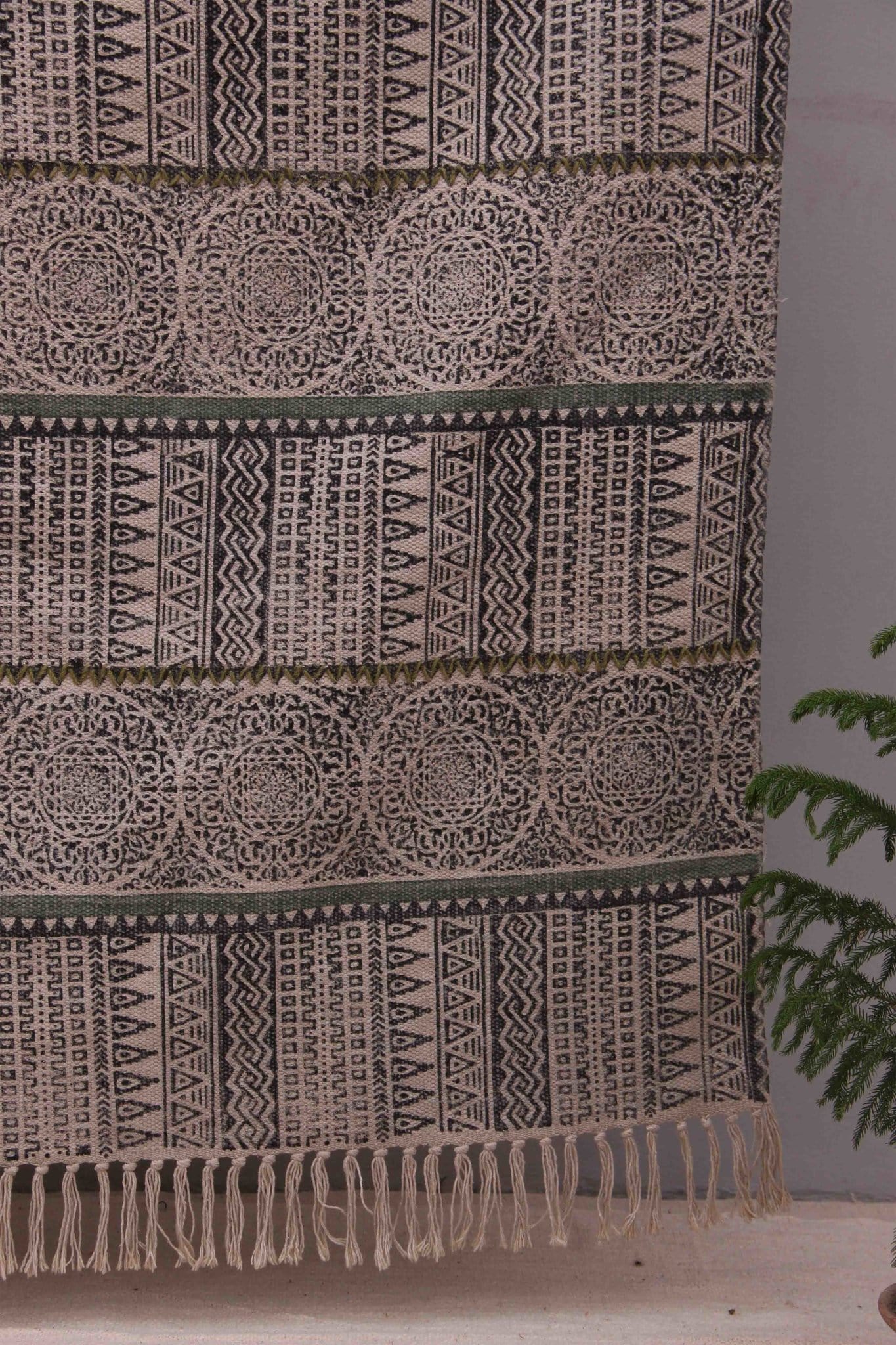 Detail of block-print on black dhurrie rug — Art Avenue