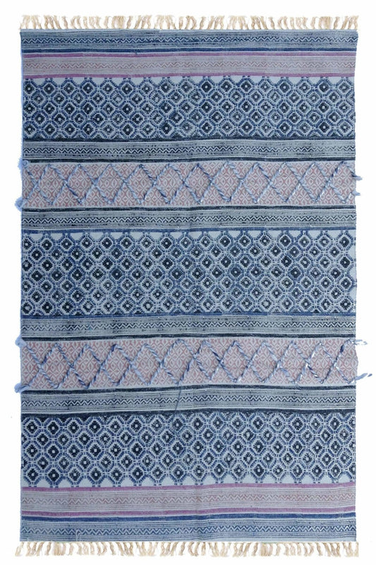 Block-Printed Cotton Dhurrie Rug in Blue & Pink Modern — Art Avenue
