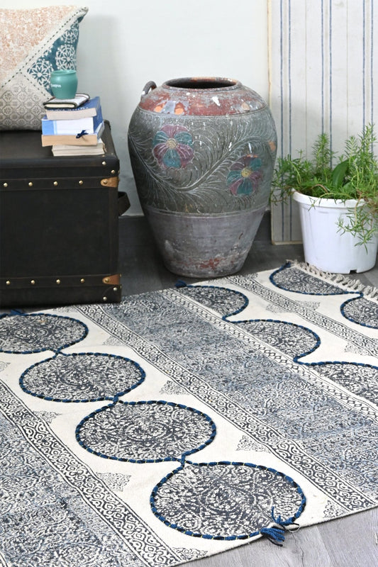 Block-Printed Cotton Dhurrie Rug in Blue Modern — Art Avenue