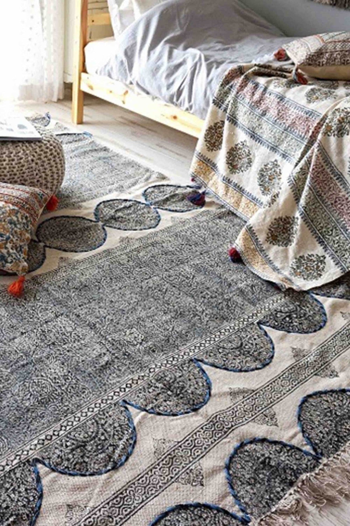 Skyler Block-Printed Cotton Dhurrie Rug in Blue — Art Avenue
