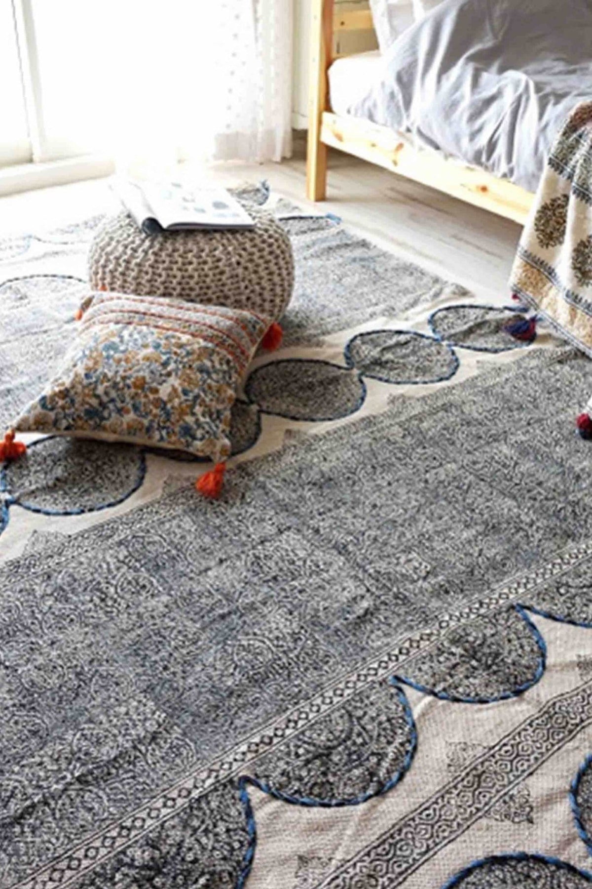 Block-printed cotton dhurrie rug in room setting — Art Avenue