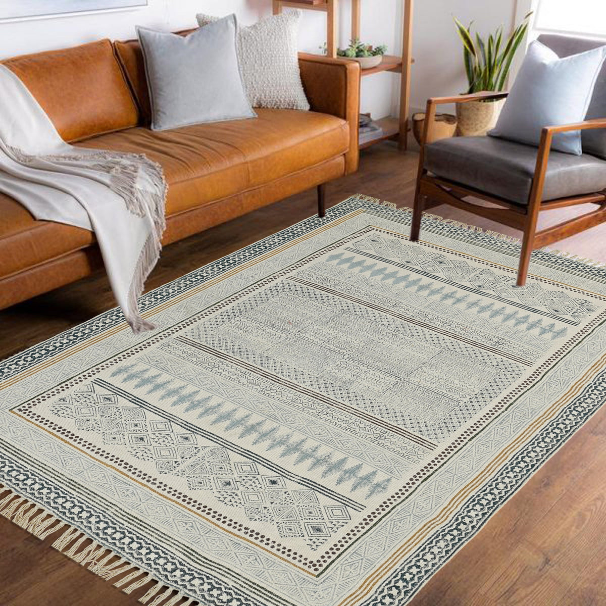 Detail of traditional block-print on cotton dhurrie rug — Art Avenue
