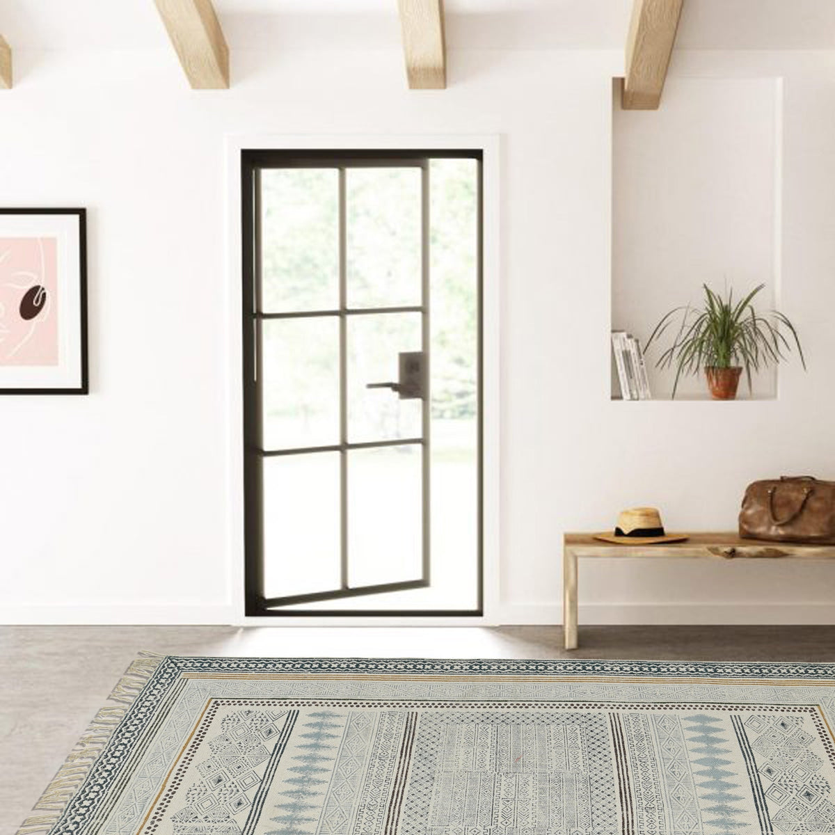 Block-printed cotton dhurrie rug styled in living room — Art Avenue