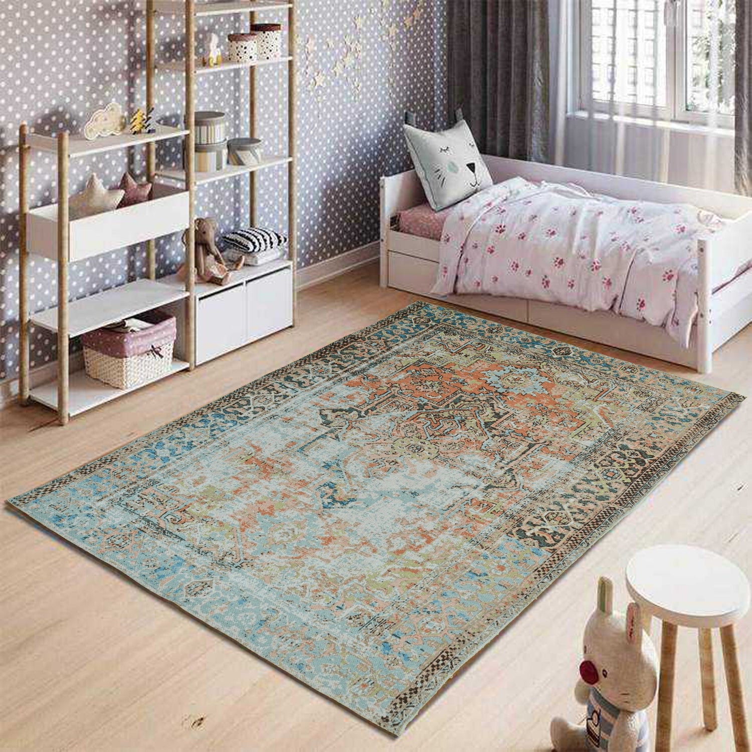 Stellar block-printed rug room setting — Art Avenue India