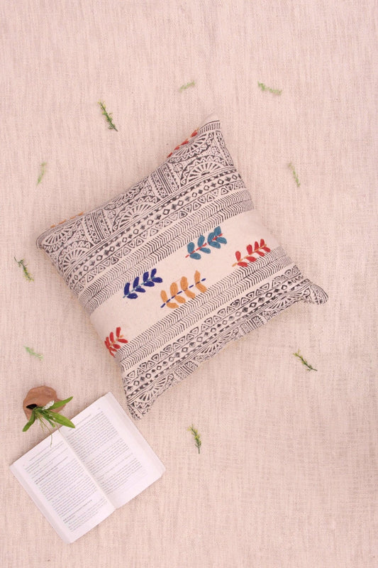 Stem Block-Printed Square Cushion Cover — Off White — Art Avenue