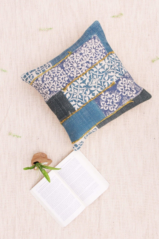 Tile Block-Printed Square Cushion Cover — Blue — Art Avenue