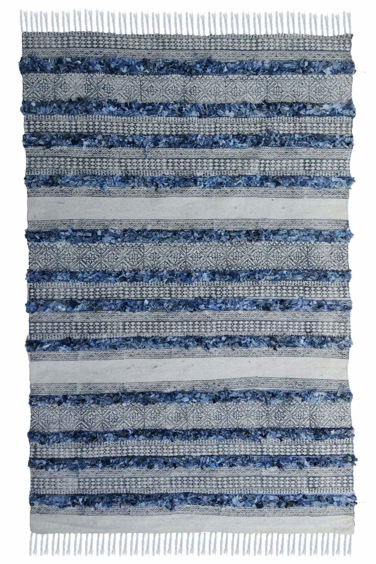 Modish denim shaggy block-printed rug in blue — Art Avenue