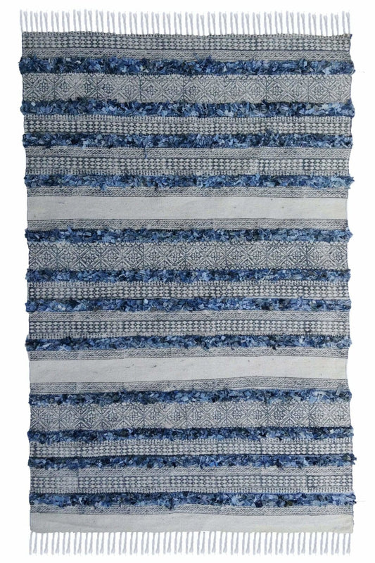 Modish denim shaggy block-printed rug in blue — Art Avenue