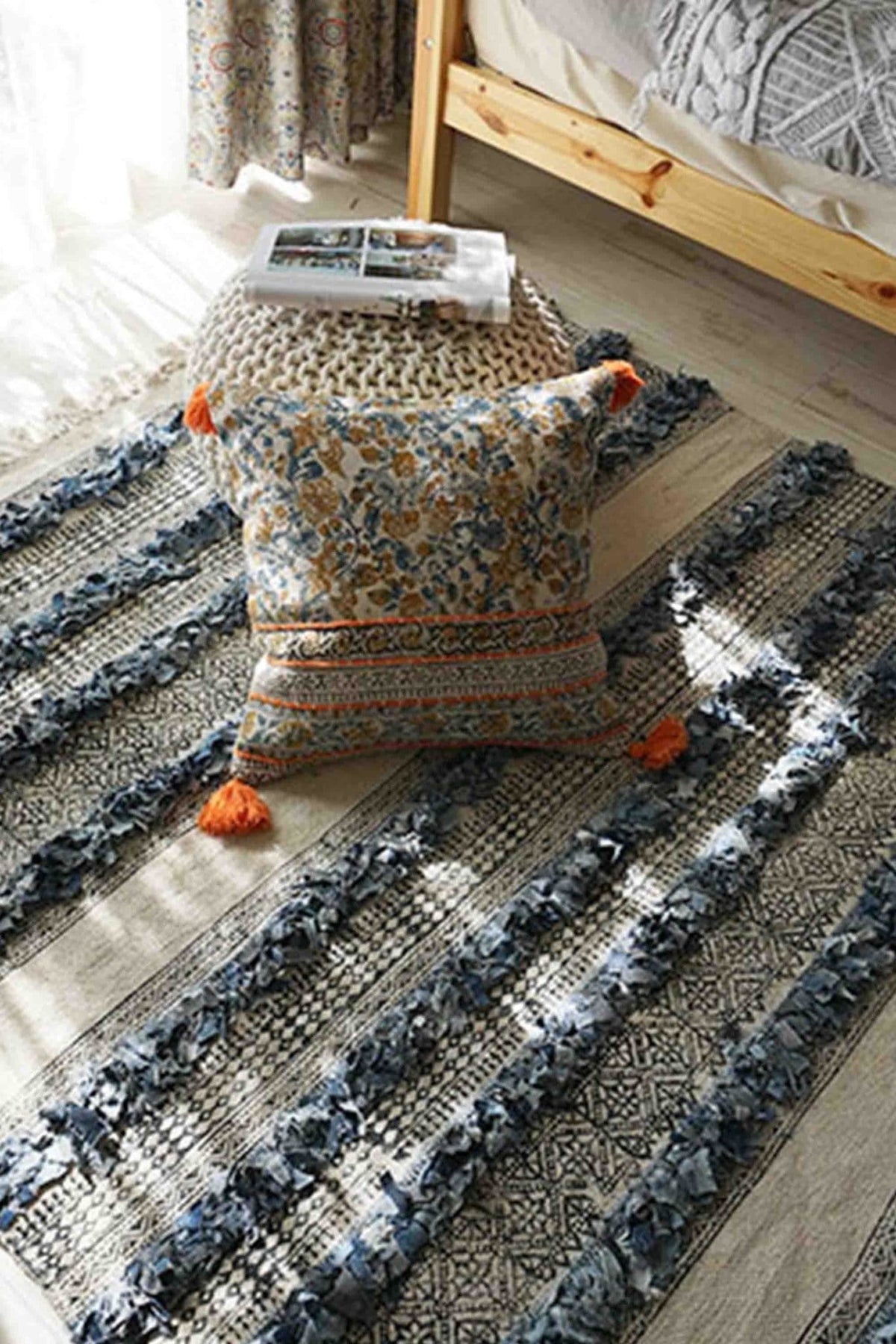 Modish denim shaggy rug room setting — Art Avenue