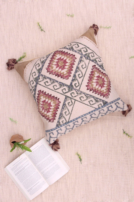 Trotter Block-Printed Square Cushion Cover — White — Art Avenue