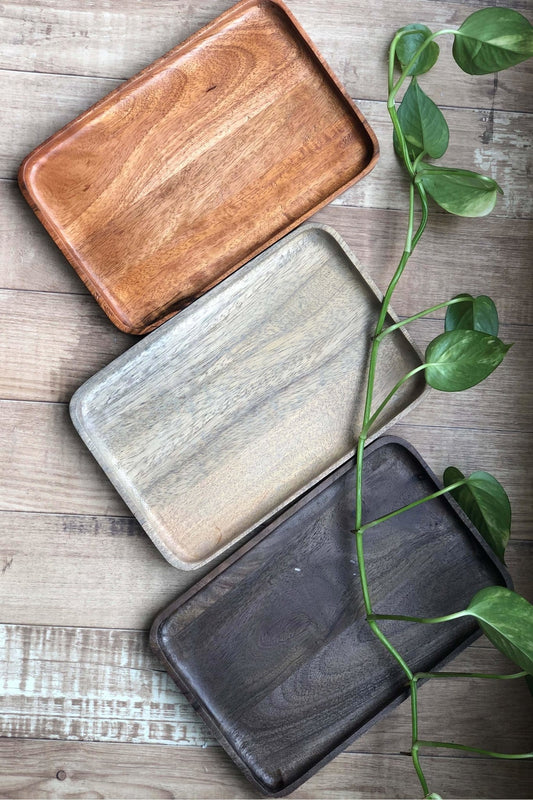 Valid carved wood tray — natural brown and black polish, handmade in Jaipur