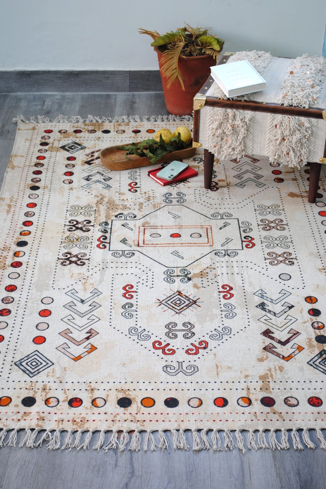 Venation block-printed rug room setting — Art Avenue India