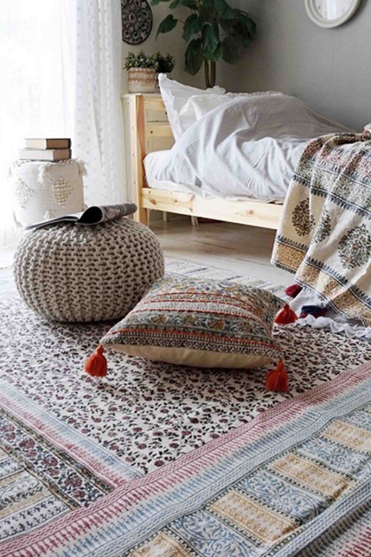 Block-Printed Cotton Dhurrie Rug in Blue & Yellow Floral — Art Avenue