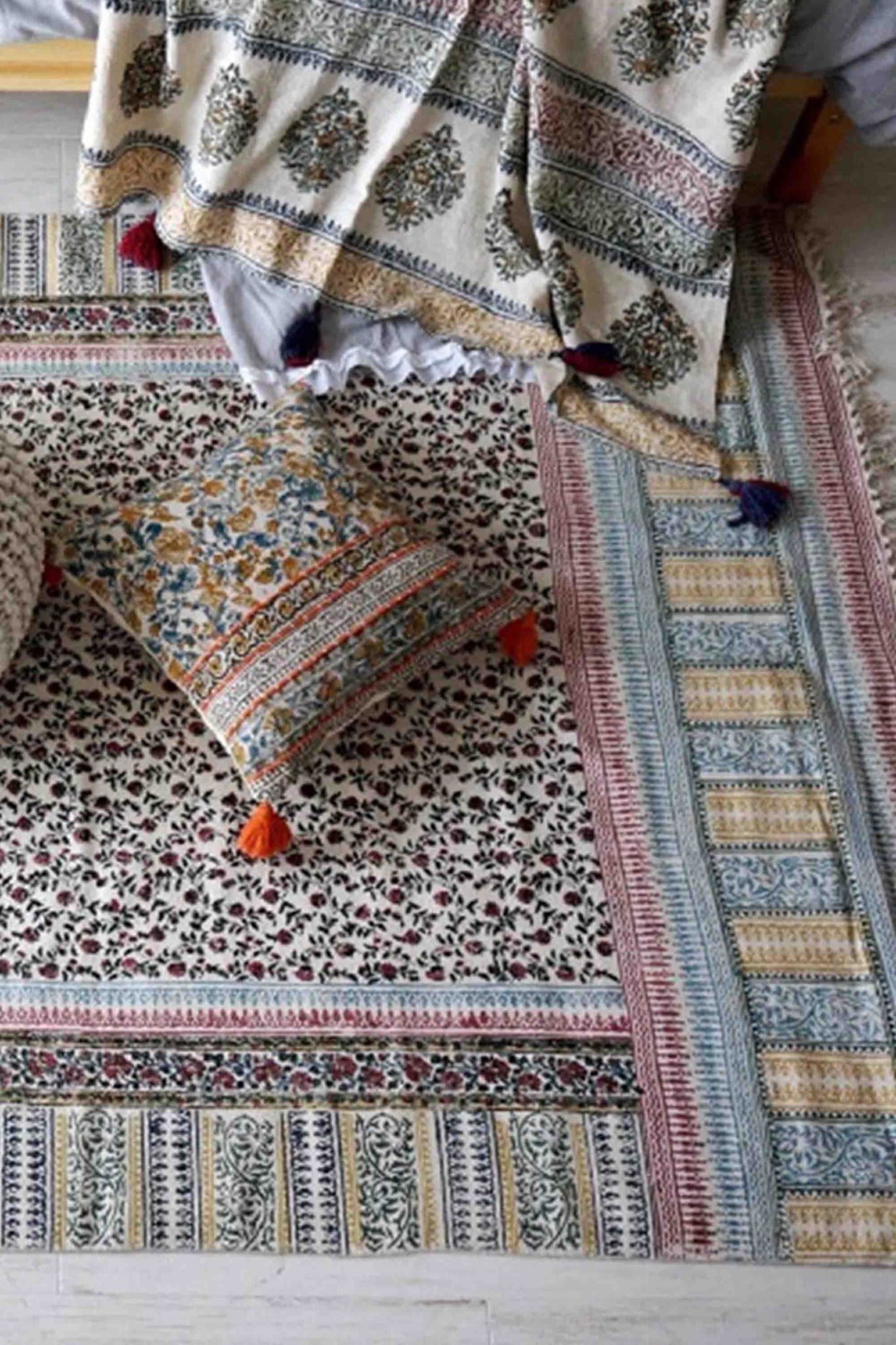 Detail of block-print on blue and yellow dhurrie rug — Art Avenue