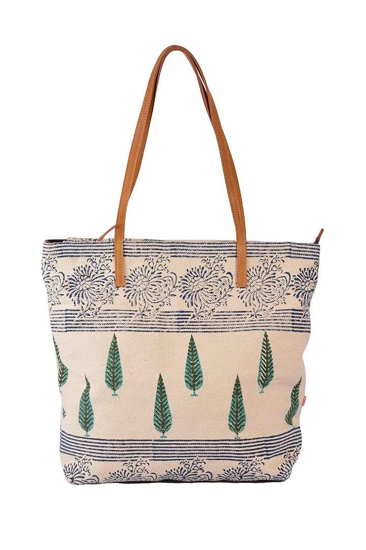 Zoic block-printed tote bag, side view — Art Avenue